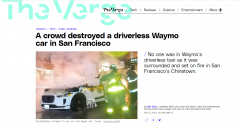 Waymo 无人驾驶汽车在旧金山遭破坏、纵火，不久前曾撞伤骑行者